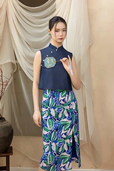 Josephine Skirt - Blue Green Leaves