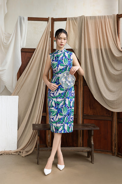 Nancy Cheongsam - Blue Green Leaves