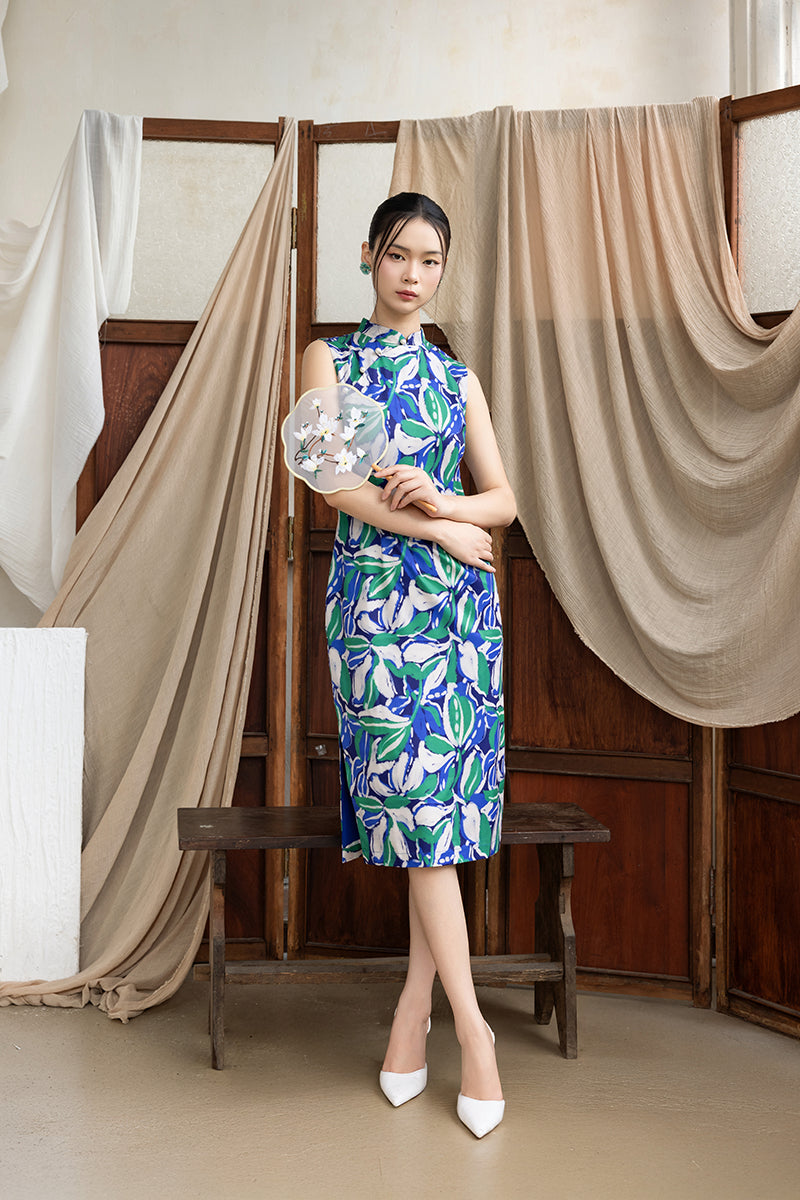 Nancy Cheongsam - Blue Green Leaves – Dotted Line