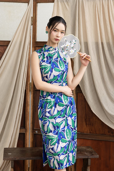 Nancy Cheongsam - Blue Green Leaves