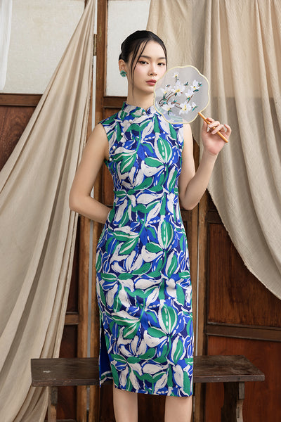 Nancy Cheongsam - Blue Green Leaves